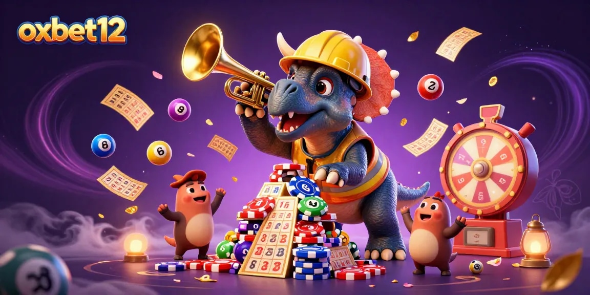 Cheerful compys celebrate as oxbet12 elevates poker chip pyramids amidst dynamic casino elements.