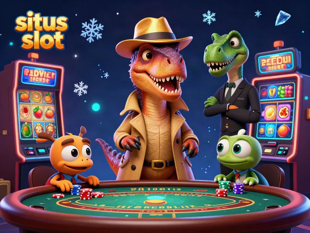 Experience the excitement of situs slot gaming with a velociraptor at a blackjack table surrounded by colorful slot elements.