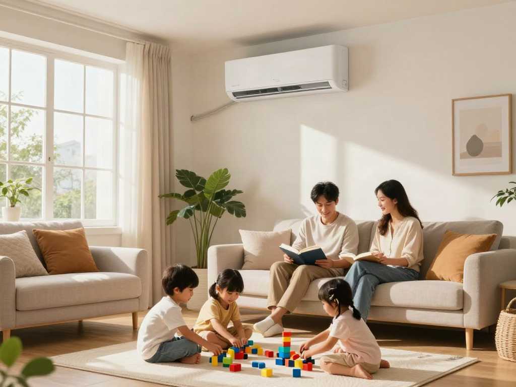 Family enjoying comfort from a split AC unit in a cozy living room.