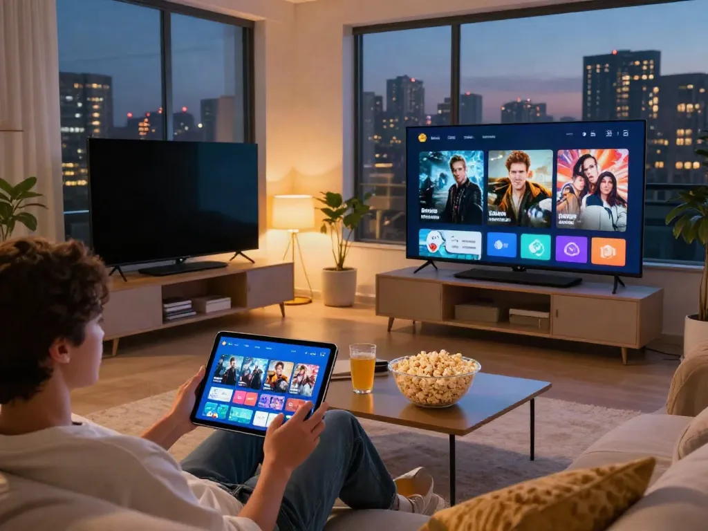 Enjoying movies on Moviebox app in a cozy living room setting at moviesbox.net.co.