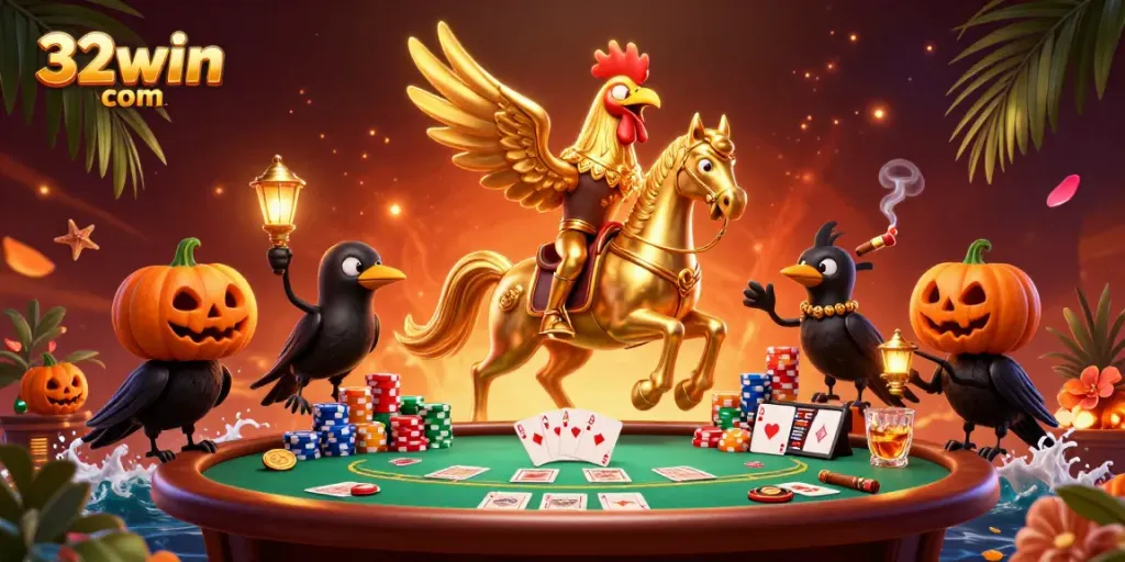 Experience a thrilling casino adventure with 32win com's golden rooster hero, vibrant poker elements, and lively companions.