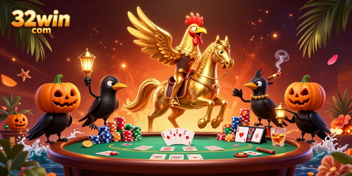 Experience a thrilling casino adventure with 32win com's golden rooster hero, vibrant poker elements, and lively companions.