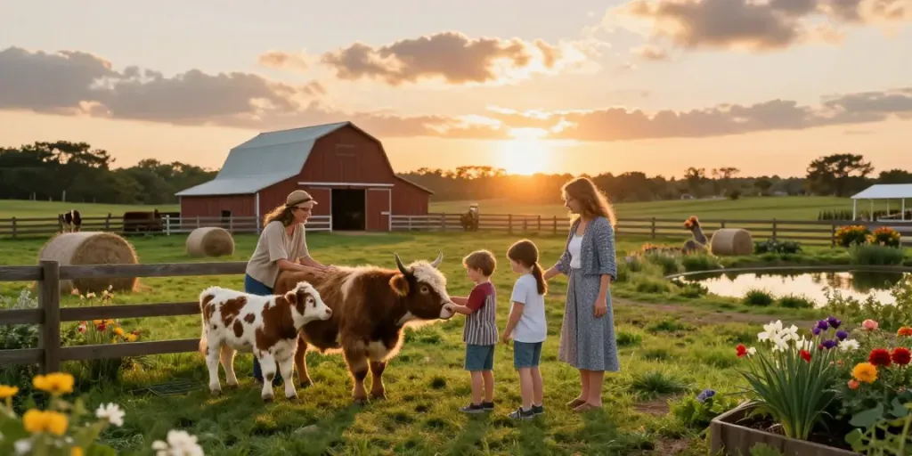 Family interacting with mini cows for sale in Florida at golden hour on a picturesque farm.