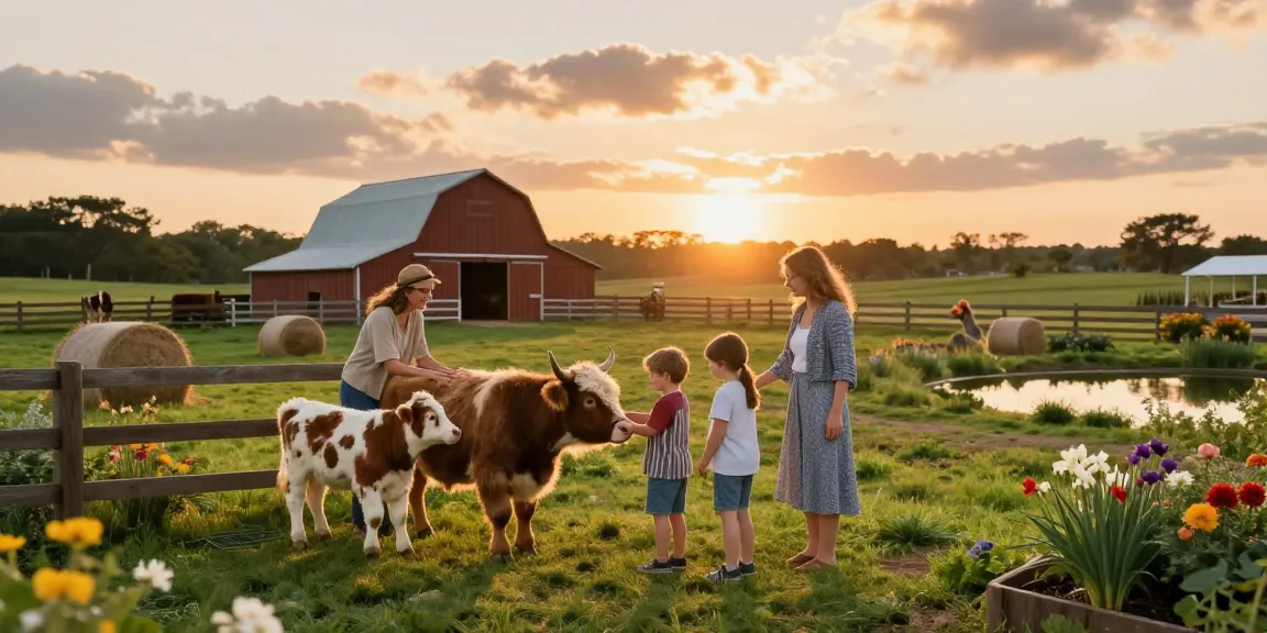 Family interacting with mini cows for sale in Florida at golden hour on a picturesque farm.