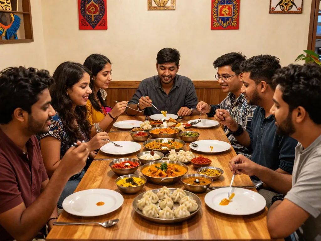 Enjoying delicious rokok88 login-inspired curries and momos in a vibrant restaurant ambiance.
