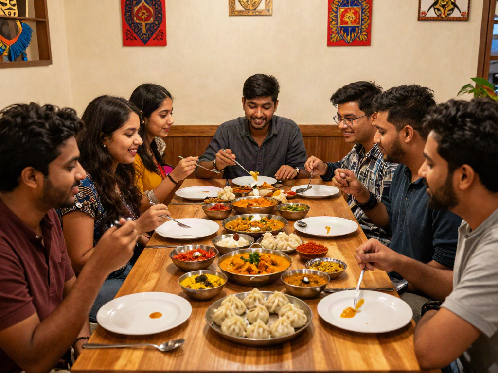 Enjoying delicious rokok88 login-inspired curries and momos in a vibrant restaurant ambiance.