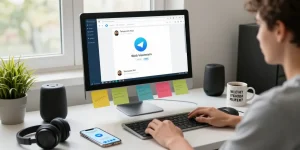 Using the Telegram Web Version on a laptop in a modern workspace, showcasing productivity and communication.