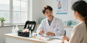 Medical kits displayed in a modern clinic, highlighting essential healthcare supplies during patient consultation.